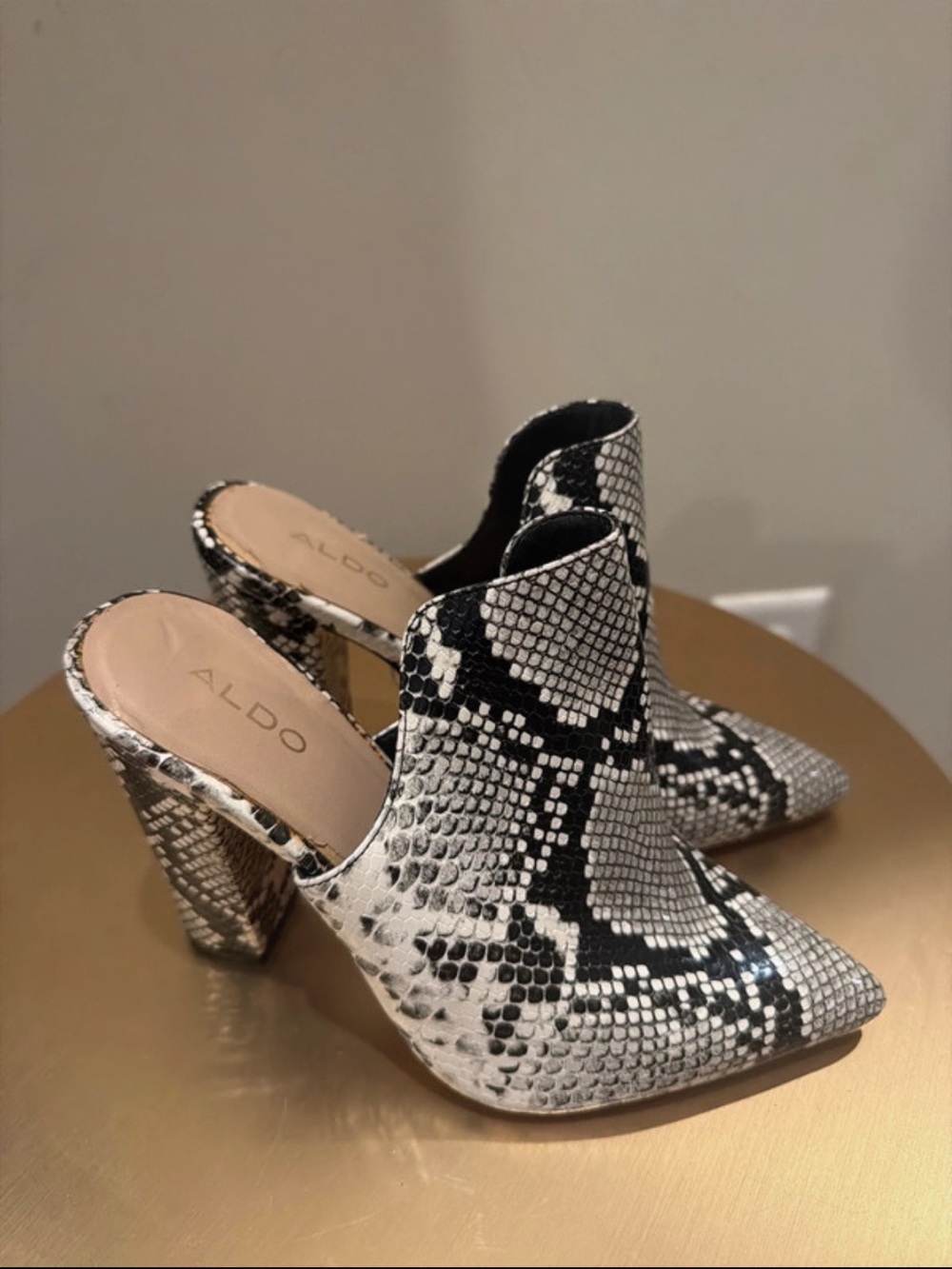 Aldo Black & White Snake-Print Pointed Mule Heels